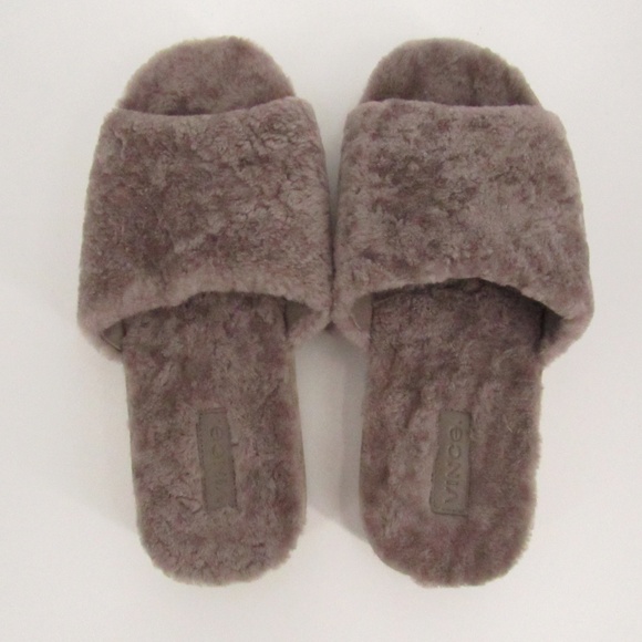 Vince Shoes - VINCE Taupe Dyed Lamb Gray Fur Slides 7